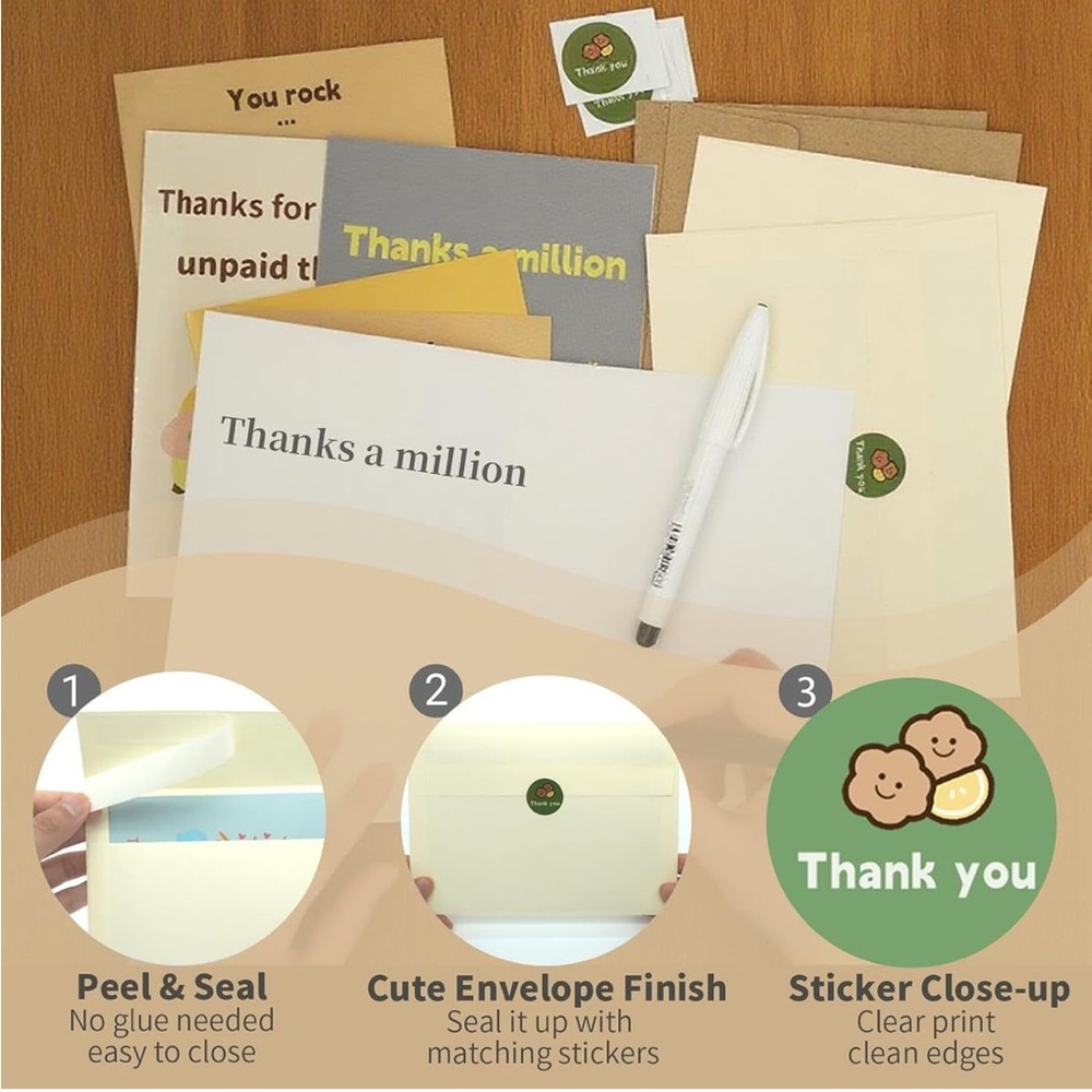 12 Pack Cute Thank You Cards w Envelopes Stickers 5x7 Blank NEW - Picture 6 of 7